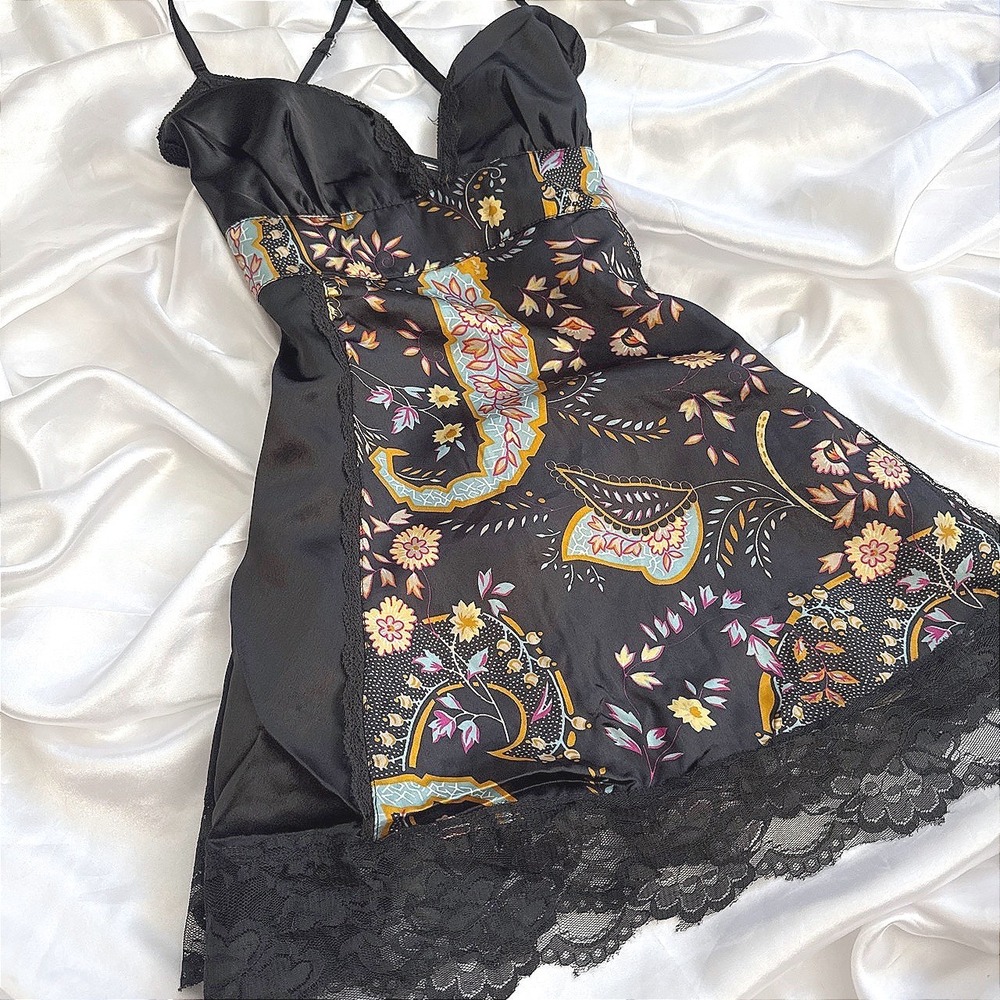 Angie Black Satin Paisley Floral Lace Trim Cami Top Adjustable Straps Small